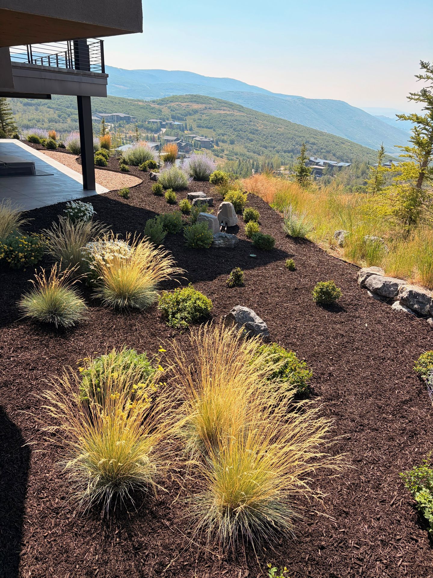 Finished hillside plantings and mulch at a Park City home